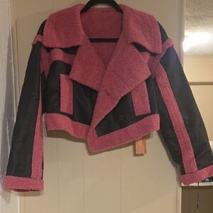SHEIN Pink and Black Teddy Jacket